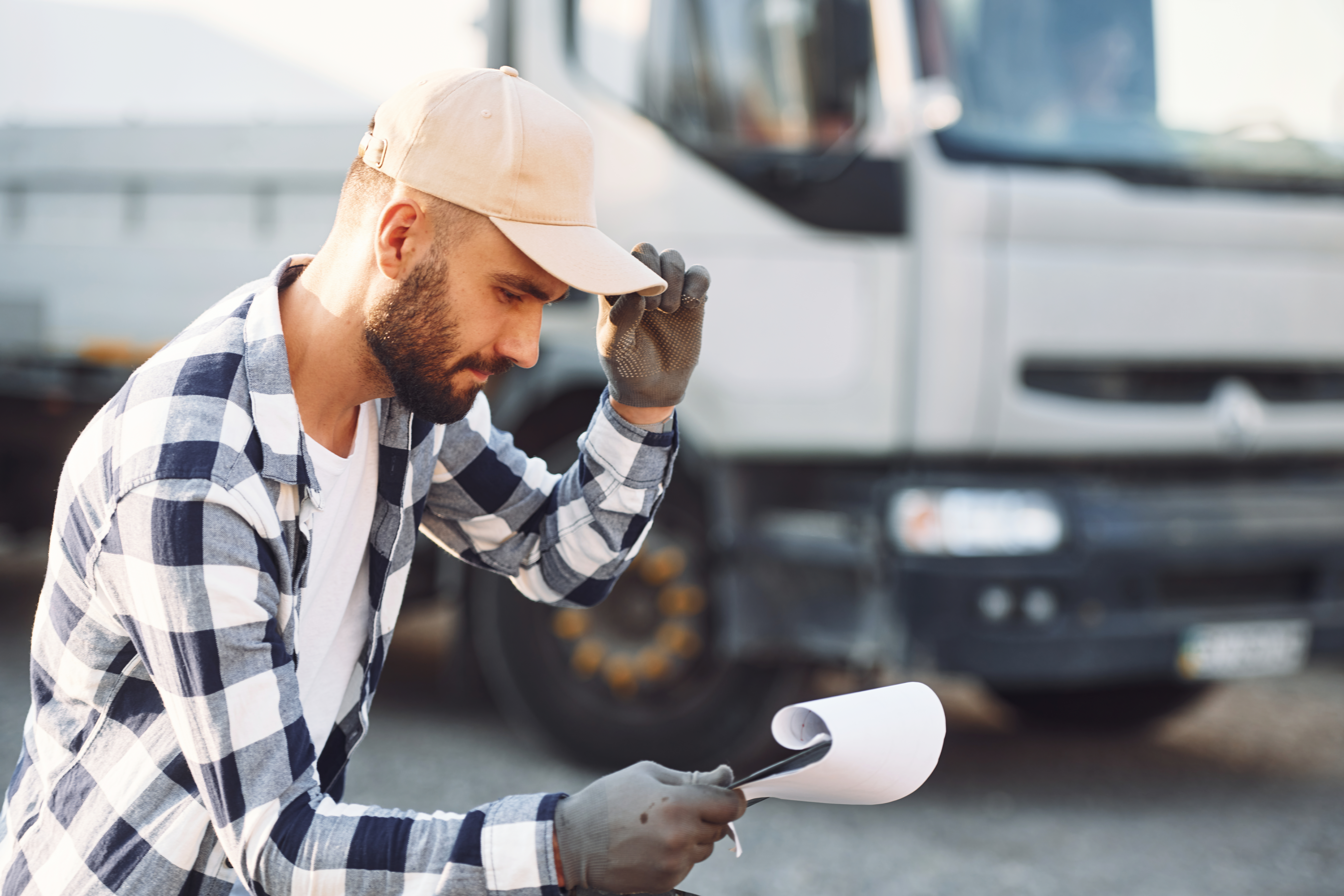 Truck driver reviewing paperwork related to commercial vehicle insurance minimums, ensuring compliance with state and federal trucking insurance requirements.