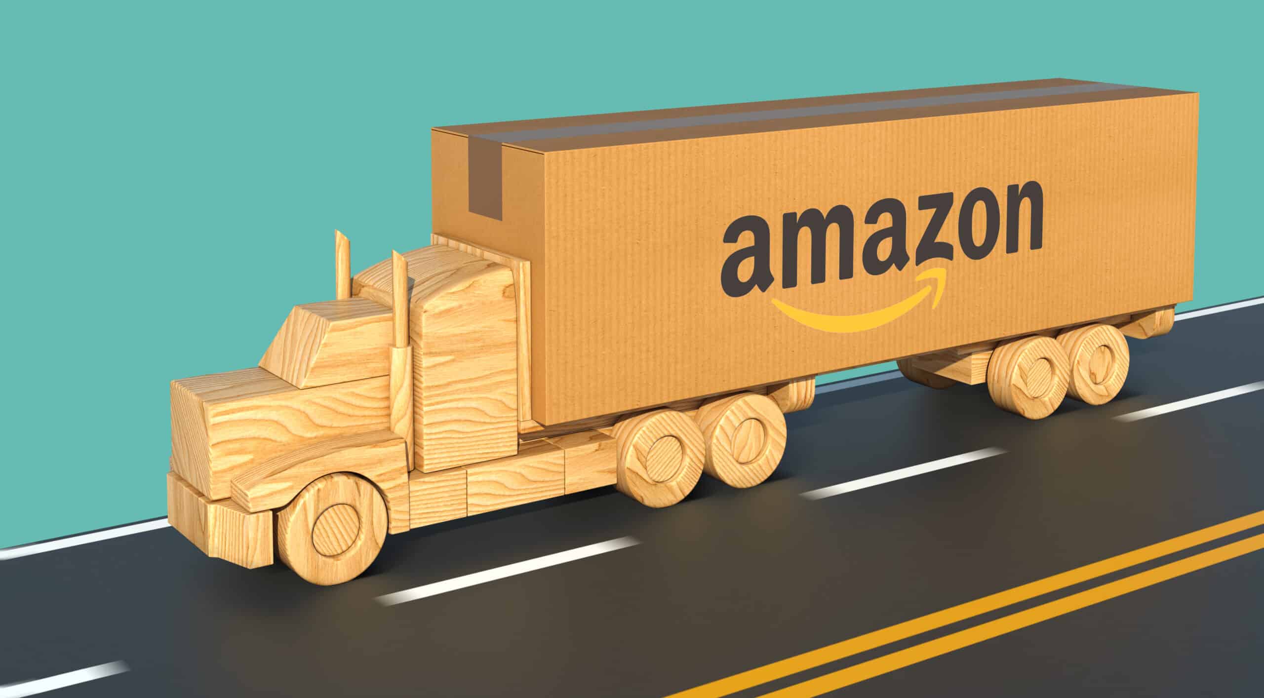 Wooden toy-style Amazon delivery truck on a road, symbolizing the growing concern over Amazon truck accidents and liability in delivery-related crashes.