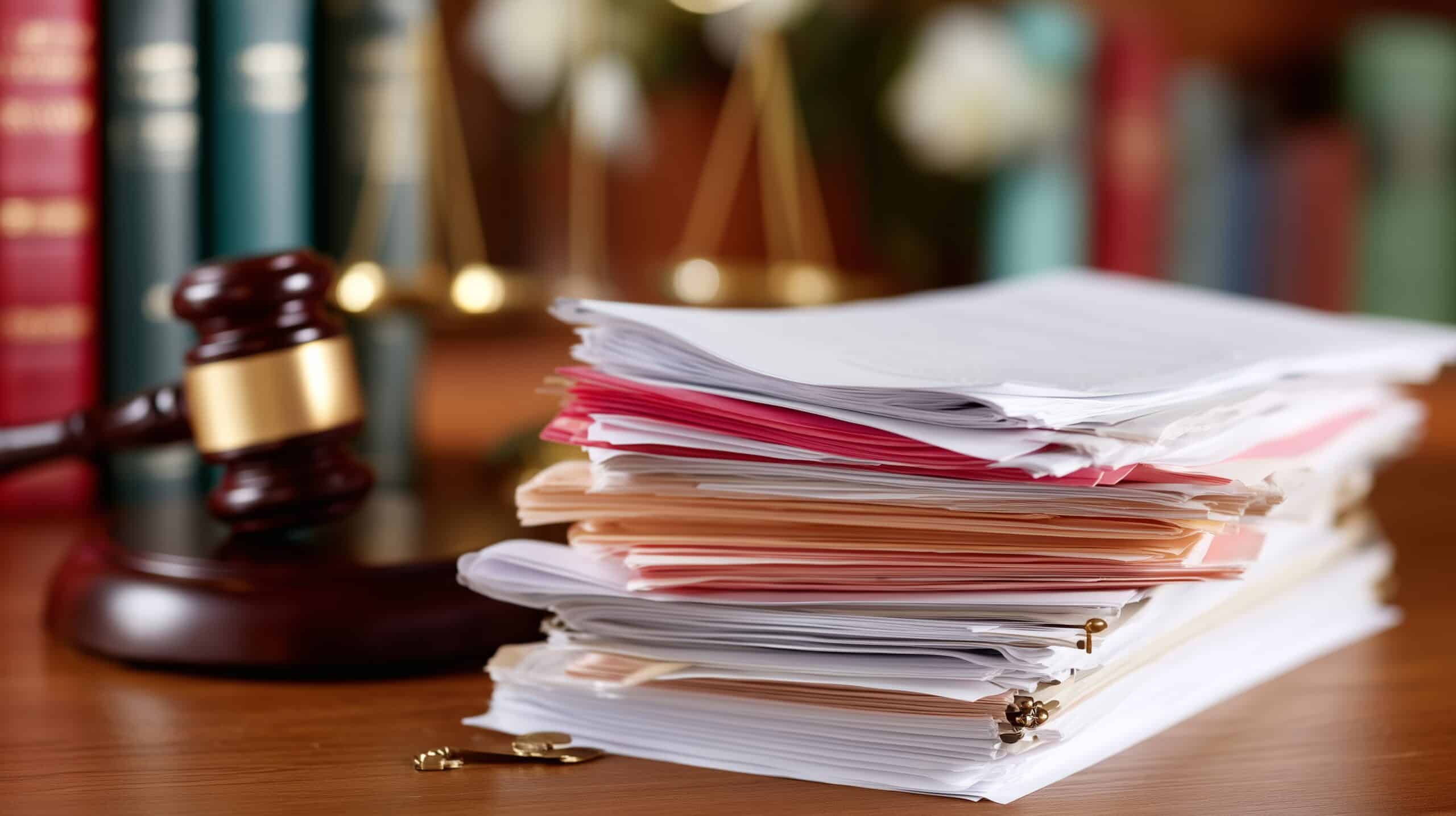 A large stack of legal documents on a desk with a judge's gavel and law books in the background, symbolizing truck accident evidence in a legal case.