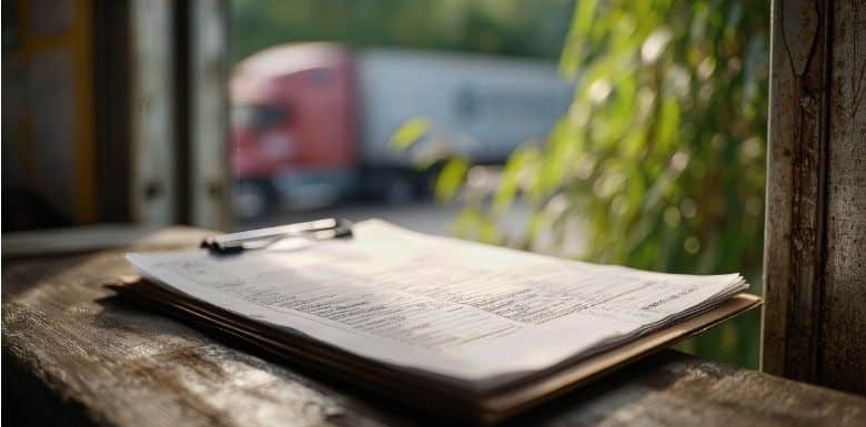 A clip board with truck driving history and a truck in the background